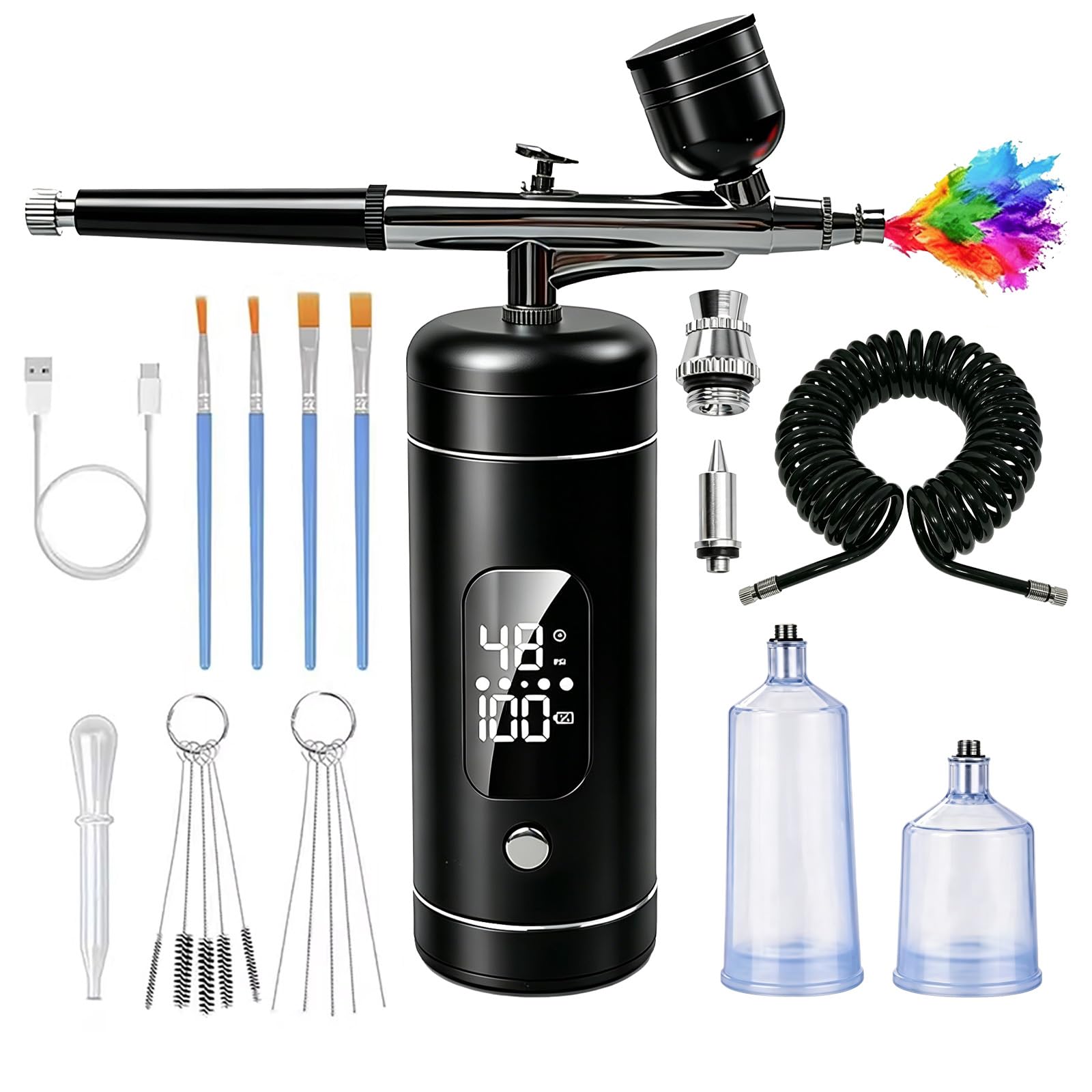 Kit aérographe sans fil avec compresseur, haute pression 48 psi, rechargeable 6000 mAh, 3 vitesses réglables, buses de 0,2/0,5 mm et 3 tasses, non obstruant pour gâteaux, maquettes, maquillage