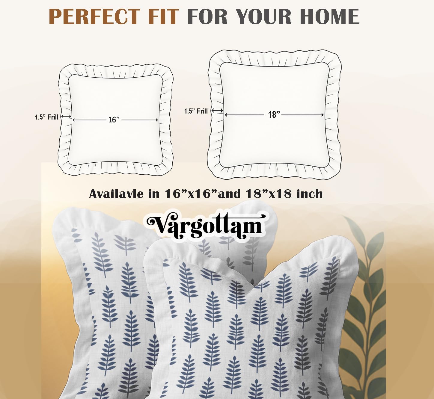 Throw Pillow Covers Set of 2-100% Cotton Twill, Frilled Edge, Double Sided Print, 16 x 16 Inch Decorative Cushion Covers, Hidden Zip, No Filler - Leaves Print