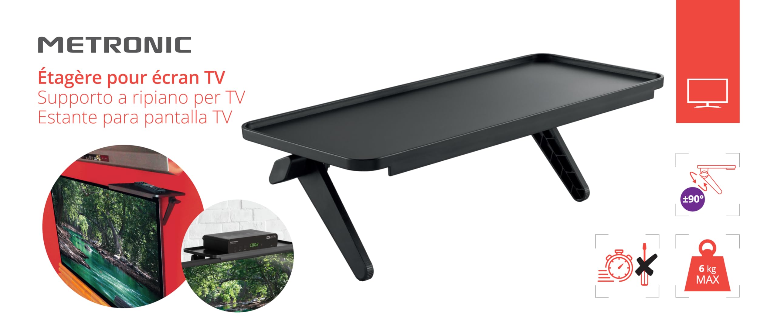 METRONIC 451074 - Scaffale per TV con supporto per schermo, monitor, decoder tablet, vassoio superiore per supporti multimediali, altoparlanti - semplice installazione - nero