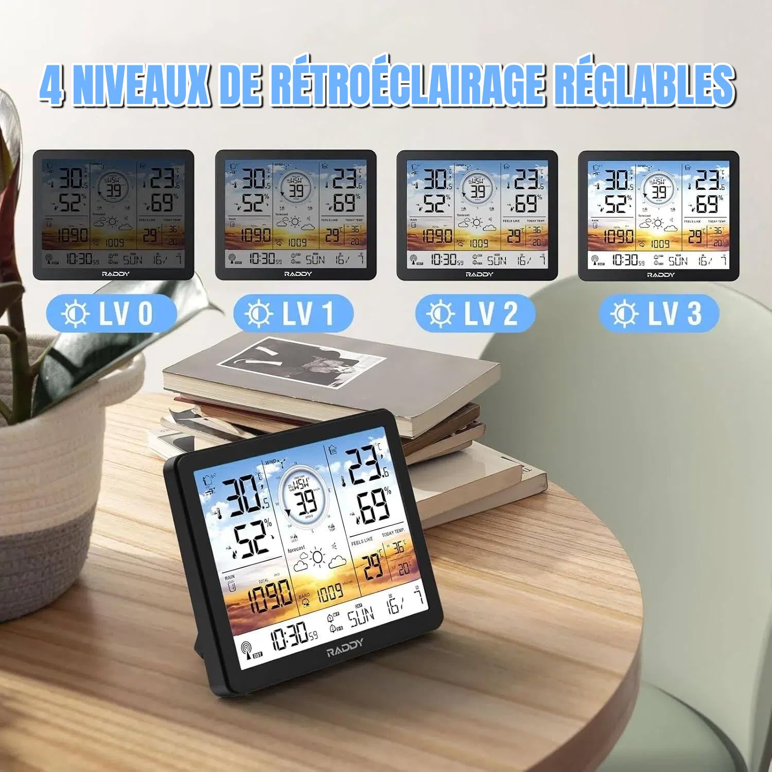 Raddy AG7 Stazione meteo wireless Termometro interno esterno professionale, Digitale 7,4'', Orologio atomico, Monitoraggio temperatura e umidità, Previsioni meteo e pressione barometrica