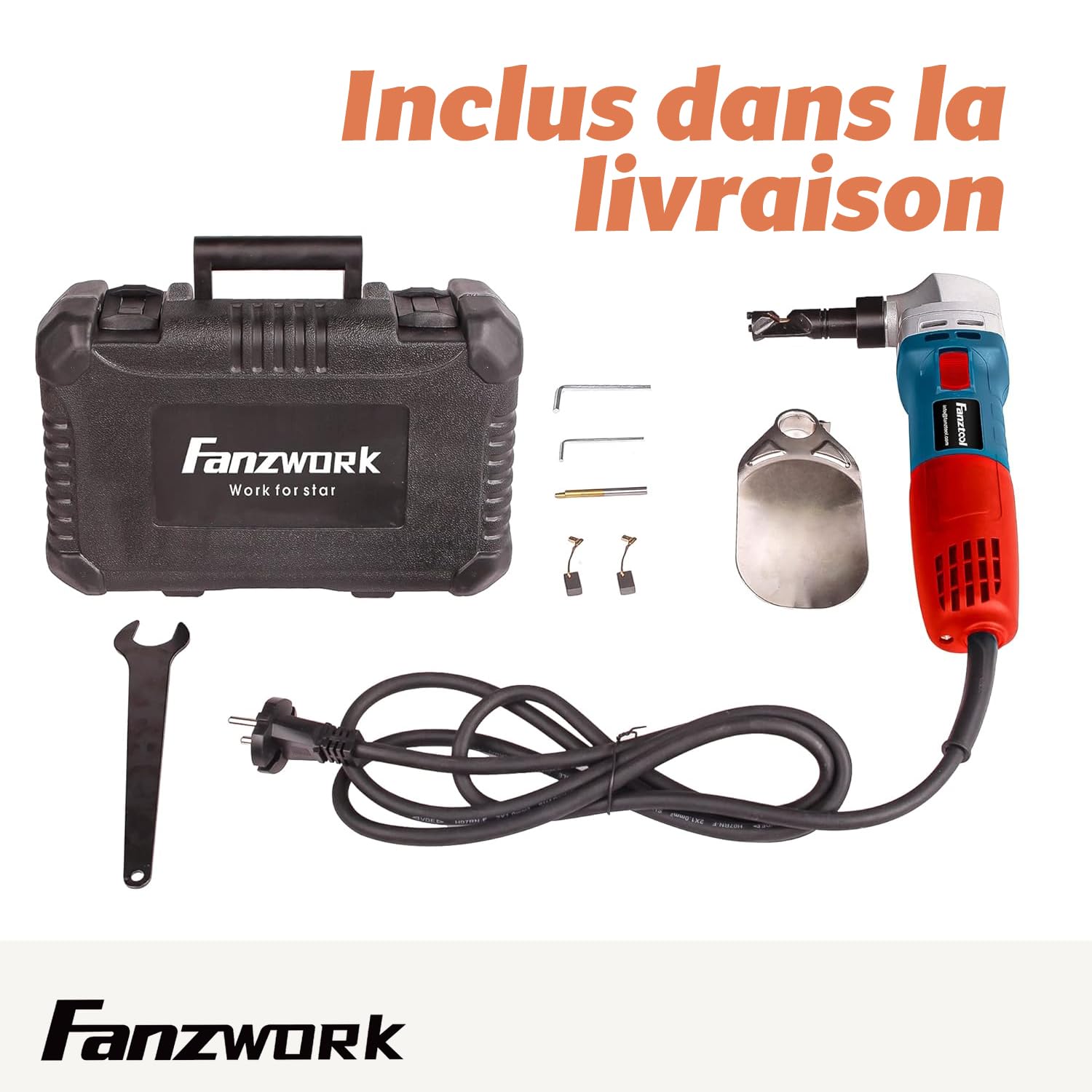 FANZWORK Grignoteuse électrique pour Tôle et Plastique 600W, avec Boîte à Outils et 2 Goupilles Cannelées, 2000 tr/min max, Tête de Coupe Orientable à 360°, Outil de Découpe du Métal