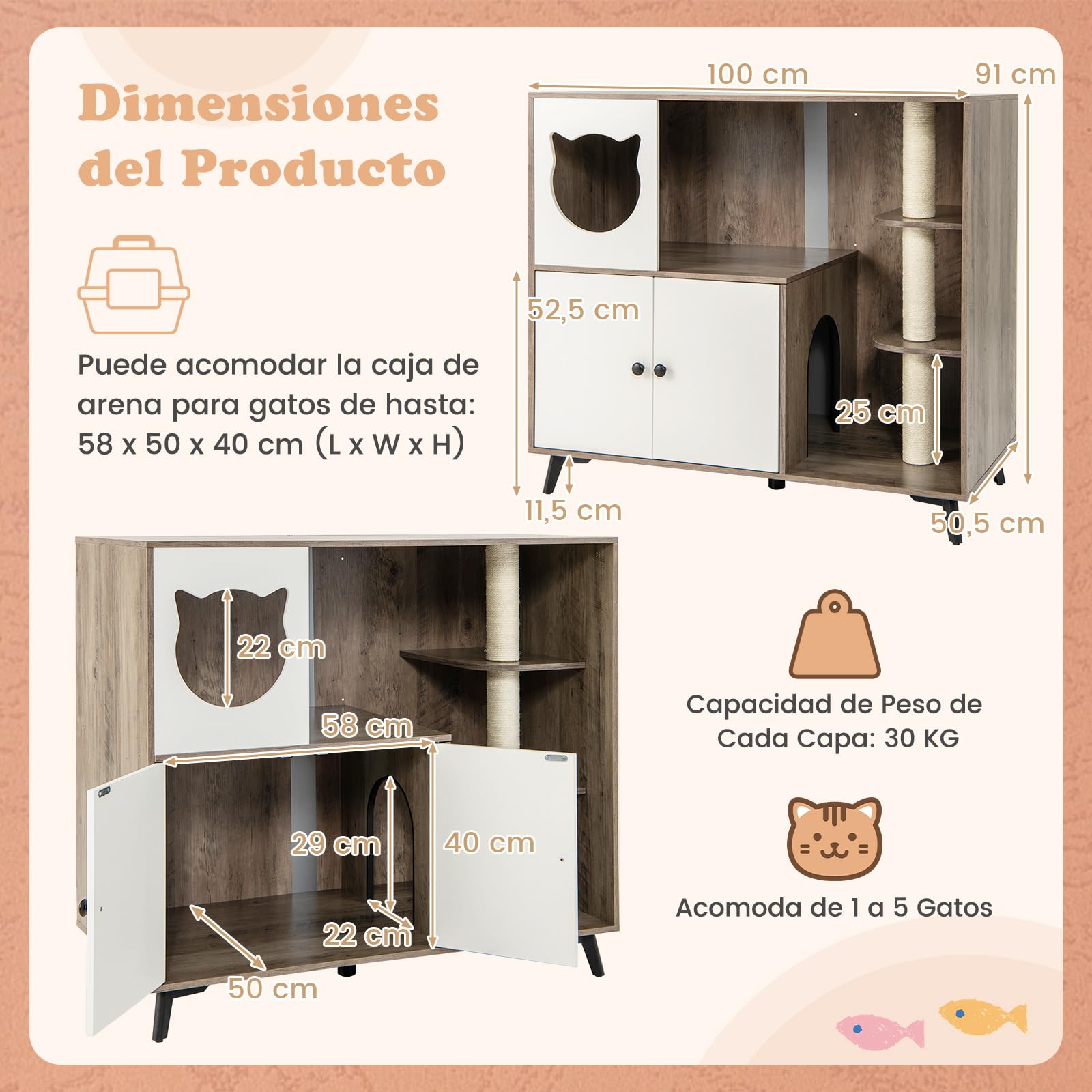 COSTWAY Mueble Arenero para Gatos con 3 Postes Rascadores de Sisal, Condominio para Gatos, Mueble para Caja de Arena 5 en 1 con Baño Oculto para Gato, Carga 30 kg, Gris y Blanco