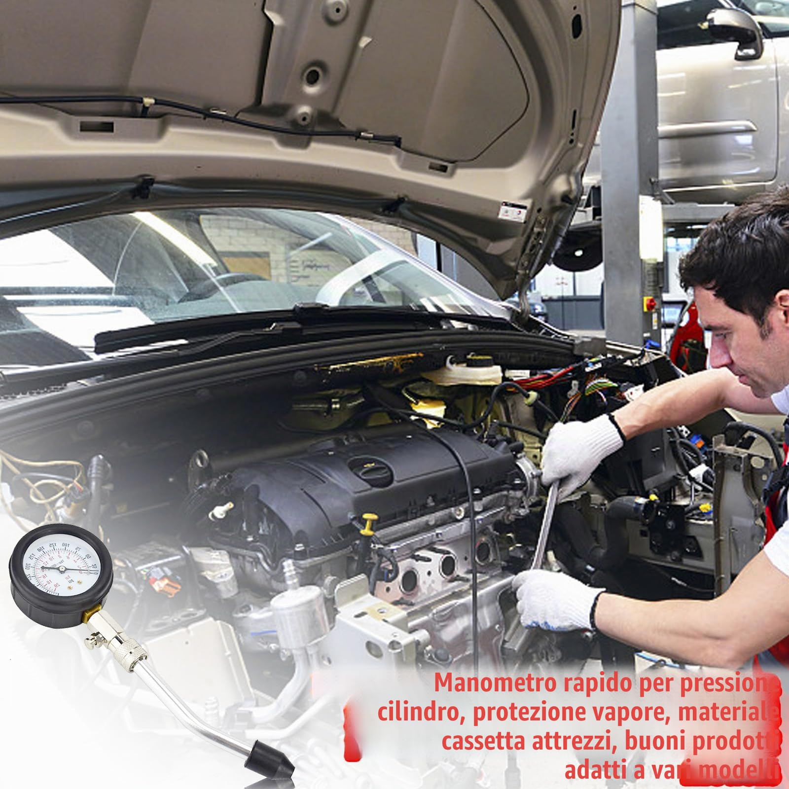 Kit Tester di Compressione per Auto: Set di 4 Adattatori e Valigia, Misuratore di Compressione Motore a Benzina 0-20 Bar o 0-300 PSI, per Camion, Moto