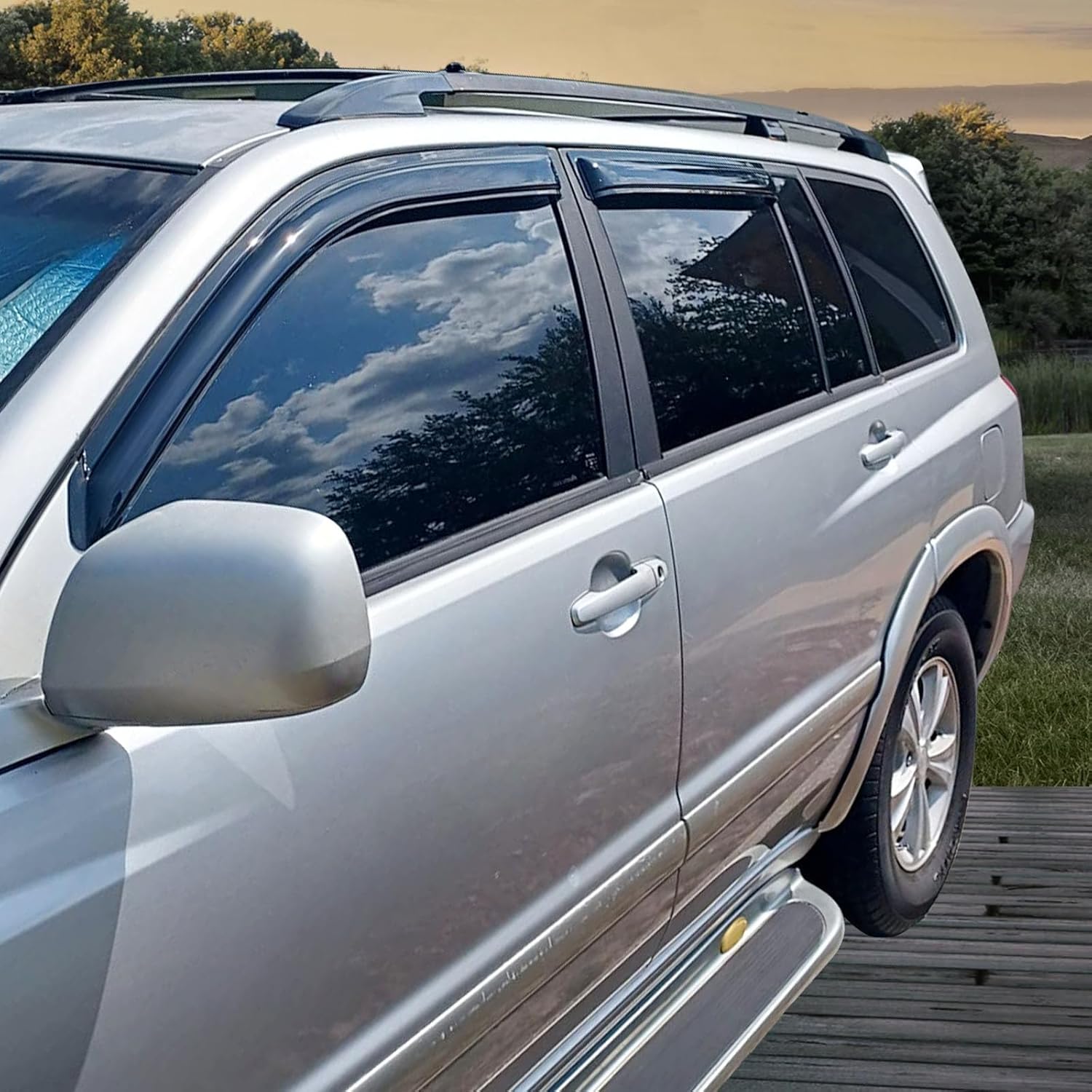 Window Visor Compatible with 2001-2007 Toyota Highlander, Slim Style Dark Smoke Tint Acrylic Shade Rain Sun Guard Wind Vent Air Deflector by IKON MOTORSPORTS, 2002 2003 2004 2005 2006