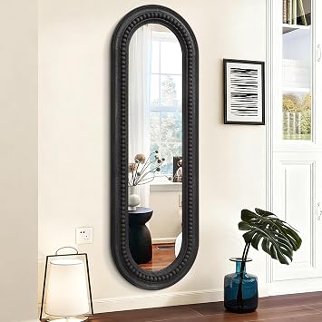 Oval Full Length Mirror with Beaded Wood Framed Black Decorative Large Wall Mirrors 120x40cm for Bedroom Bathroom Living Room Entryway Home Hanging