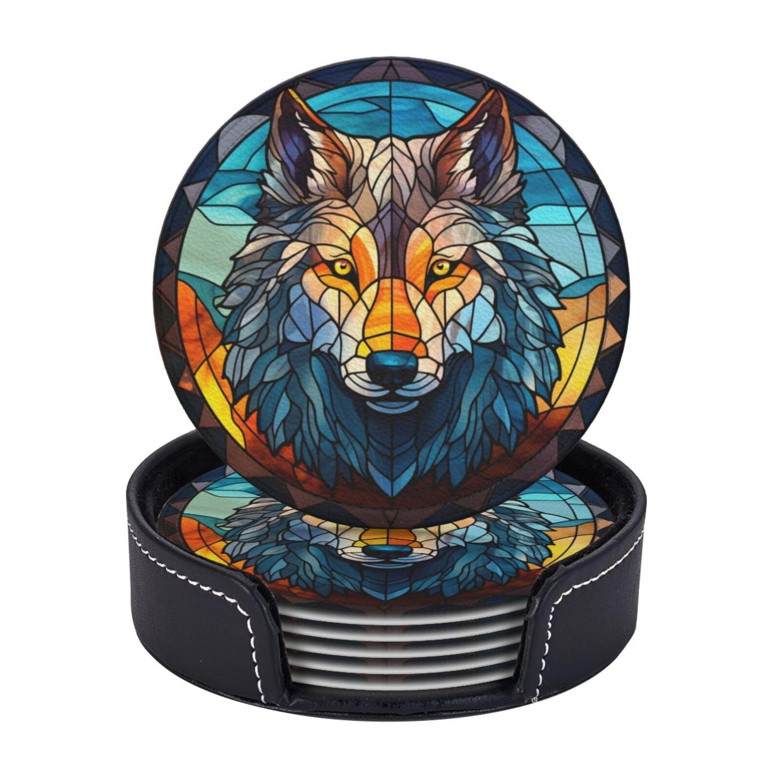 Juego De 6 Posavasos De Cuero Con Soporte - Diseño Animal Zorro, Regalo Original Para Casa O Bar
