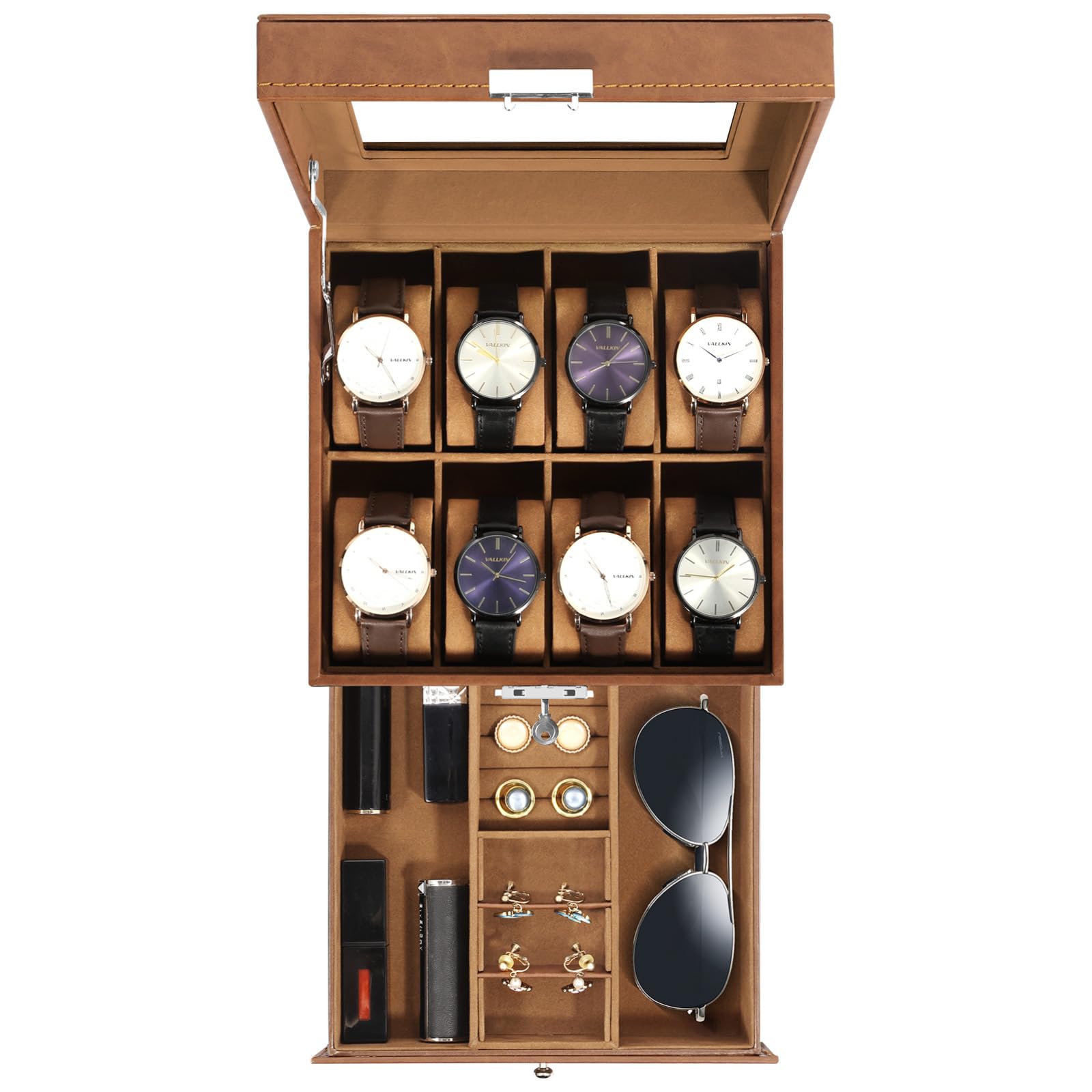 Uten Watch Box 8 Slots, 2-Tier Watch Case with Key Lock, Glass Lid, Watch Display Box for Men and Women, Brown Synthetic Leather, Brown Velvet Lining, Removable Pillows, Jewelry Storage Box, Gift Idea