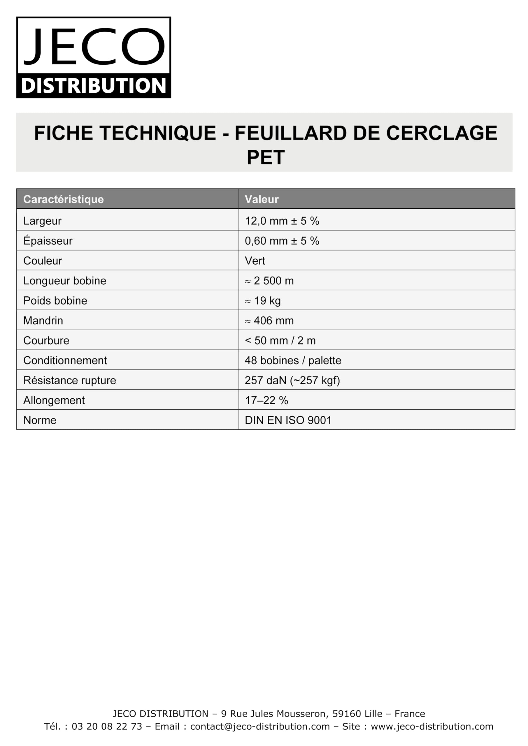 JECO Lot de 1 bobine de feuillard PET vert 12mm x 0.60 x 2500m Ø406mm cerclage manuel