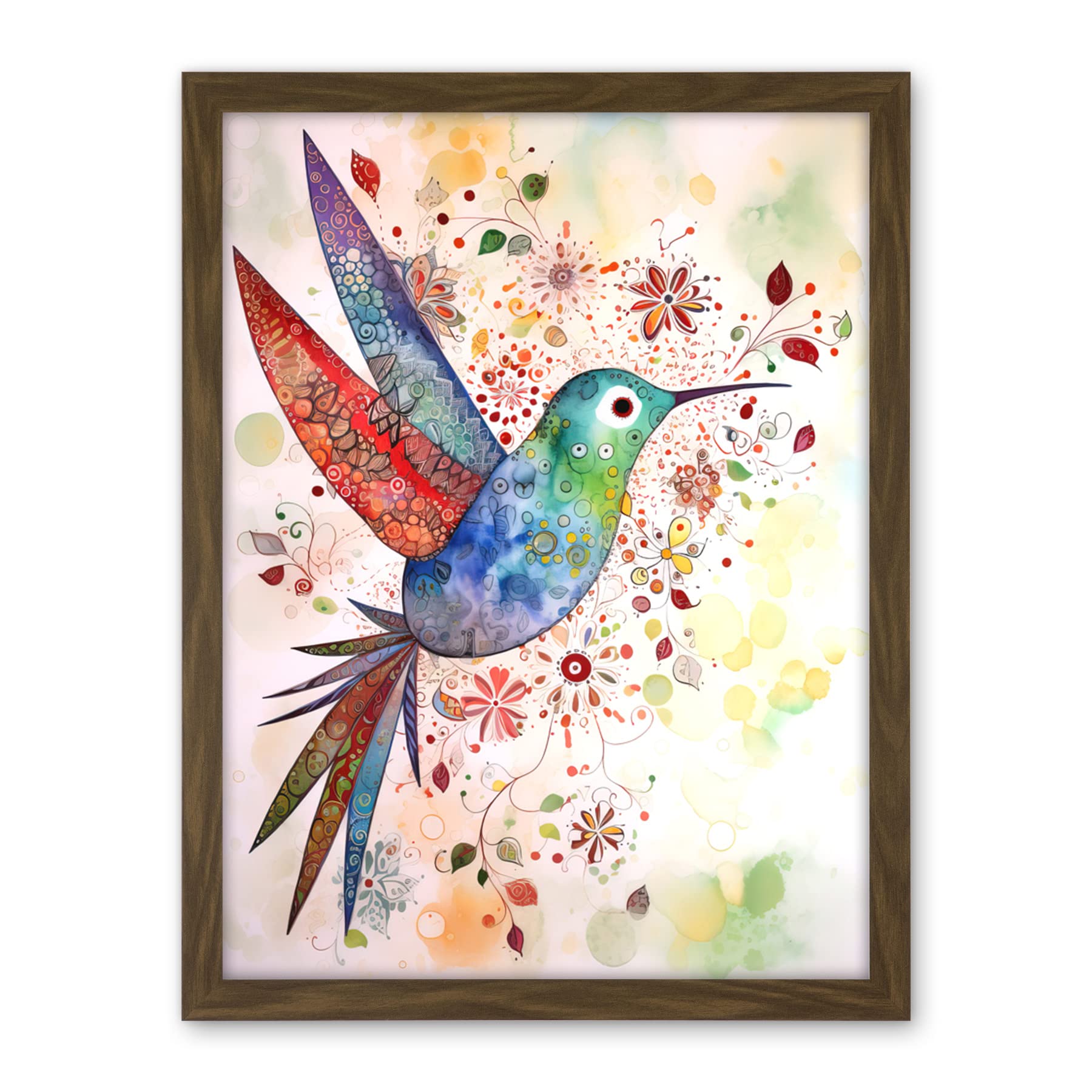 Artery8 Hummingbird With Flower Patterns Folk Art Watercolour Painting Artwork Framed Wall Art Print 18X24 Inch