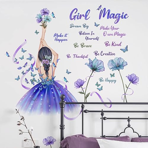 Miniatura 23 de Adhesivo decorativo para pared, diseño de luna morada, flores, mariposa, nubes, para decoración de dormitorio, sala de estar