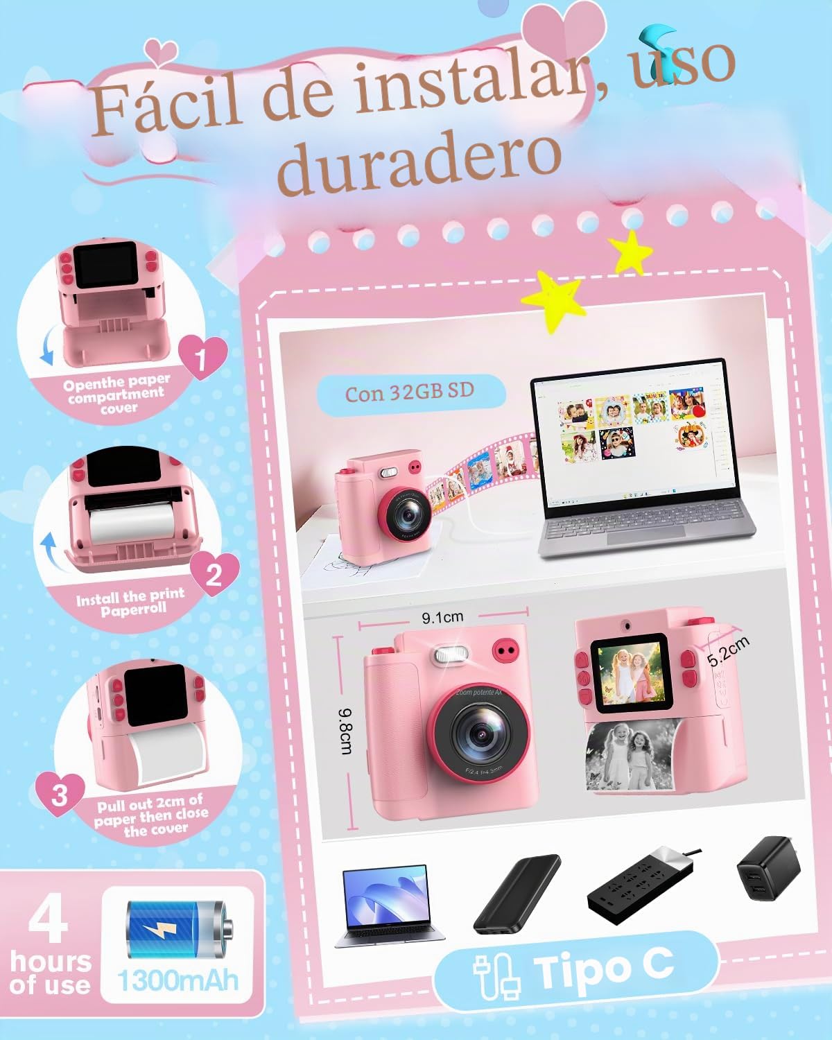 Camara Fotos Infantil Instantanea, 1080P HD Cámara Instantánea para Niños con Tarjeta de 32G y Papel Fotográfico, Cámara de Fotos Infantil Regalos de Juguete para Niños de 3 a 12 Años
