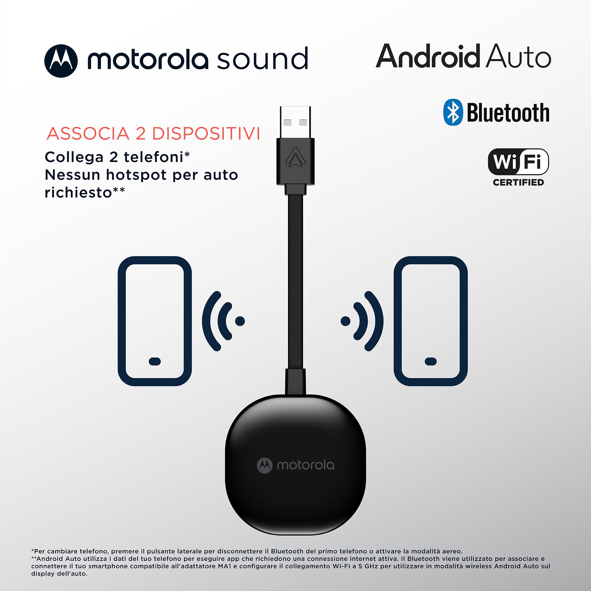 Motorola Sound MA1 - l'unico Google autorizzato Wireless Android Auto Car Adapter - Connessione istantanea dallo smartphone allo schermo dell'auto con facile configurazione