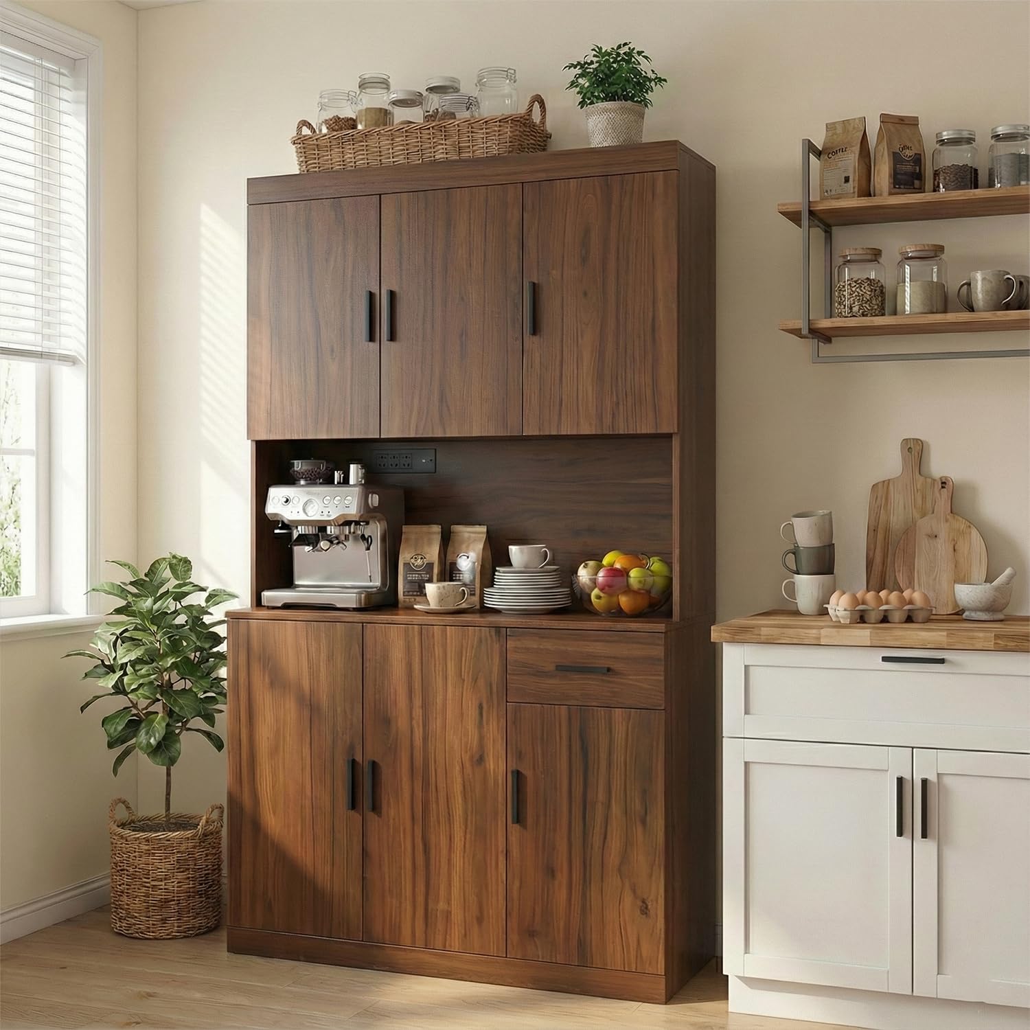 71インチ エクストラワイド 高耐久 キッチンパントリーキャビネット - 補強フレーム付きの頑丈な自立型ストレージ 大きなブラウンパントリーハッチ キッチン、ダイニングルーム用