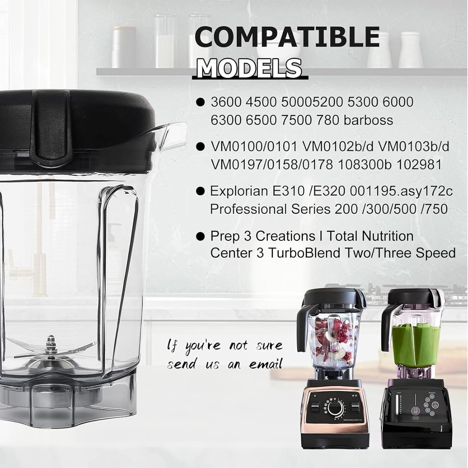 64oz Low-Profile Blender Pitcher Replacement For 750 5200 5000 6300 7500 A3500 vm0102 vm0103 vm0197 E310 Classic/Explorian/Commercial series Blender Container