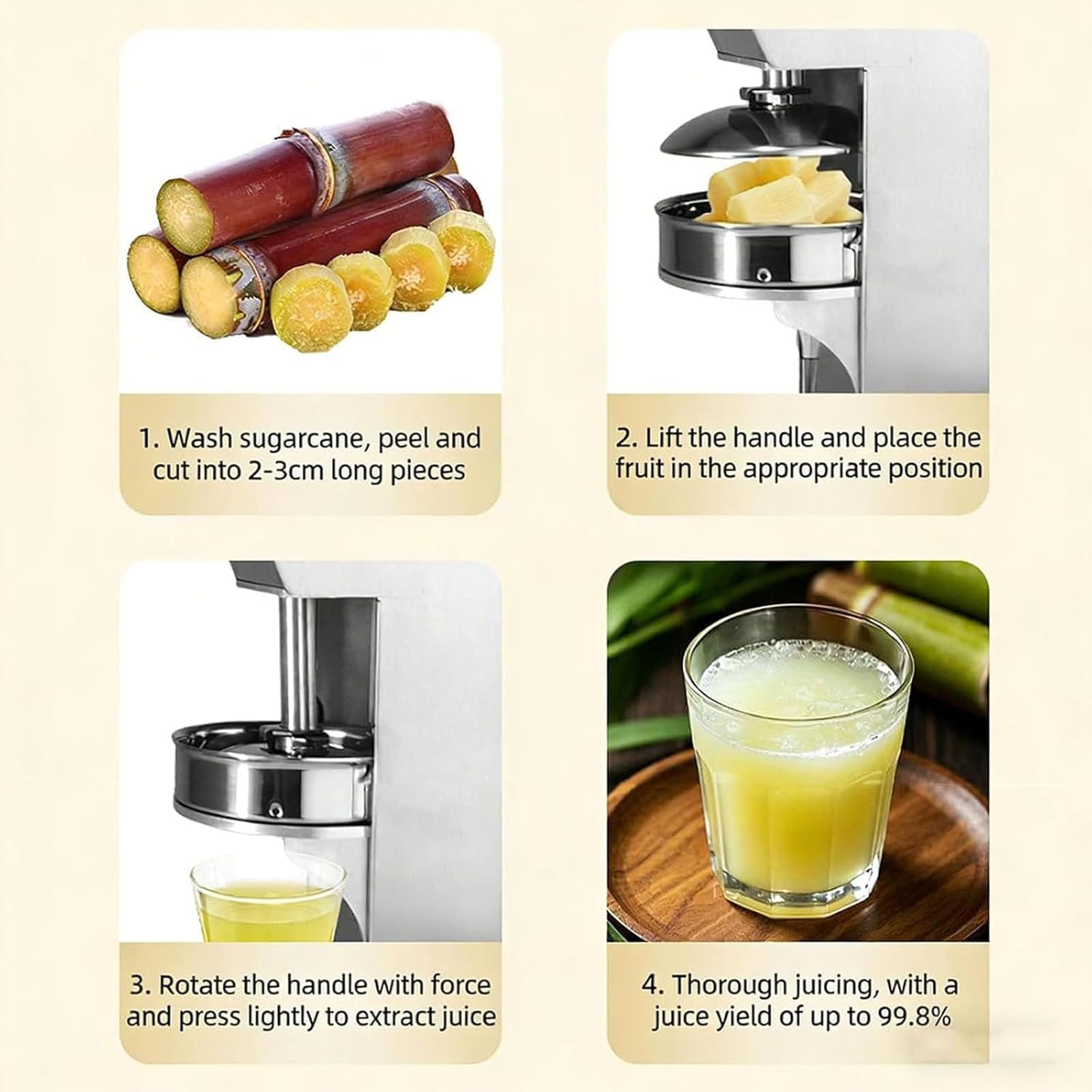 Manuelle Zuckerrohr-Entsafter, extrahiert Saft in 3 Sekunden, 99,9 % Ertrag, abnehmbarer 304 Edelstahl, für Zuckerrohr, Granatapfel, Orangen, kommerzielle Nutzung