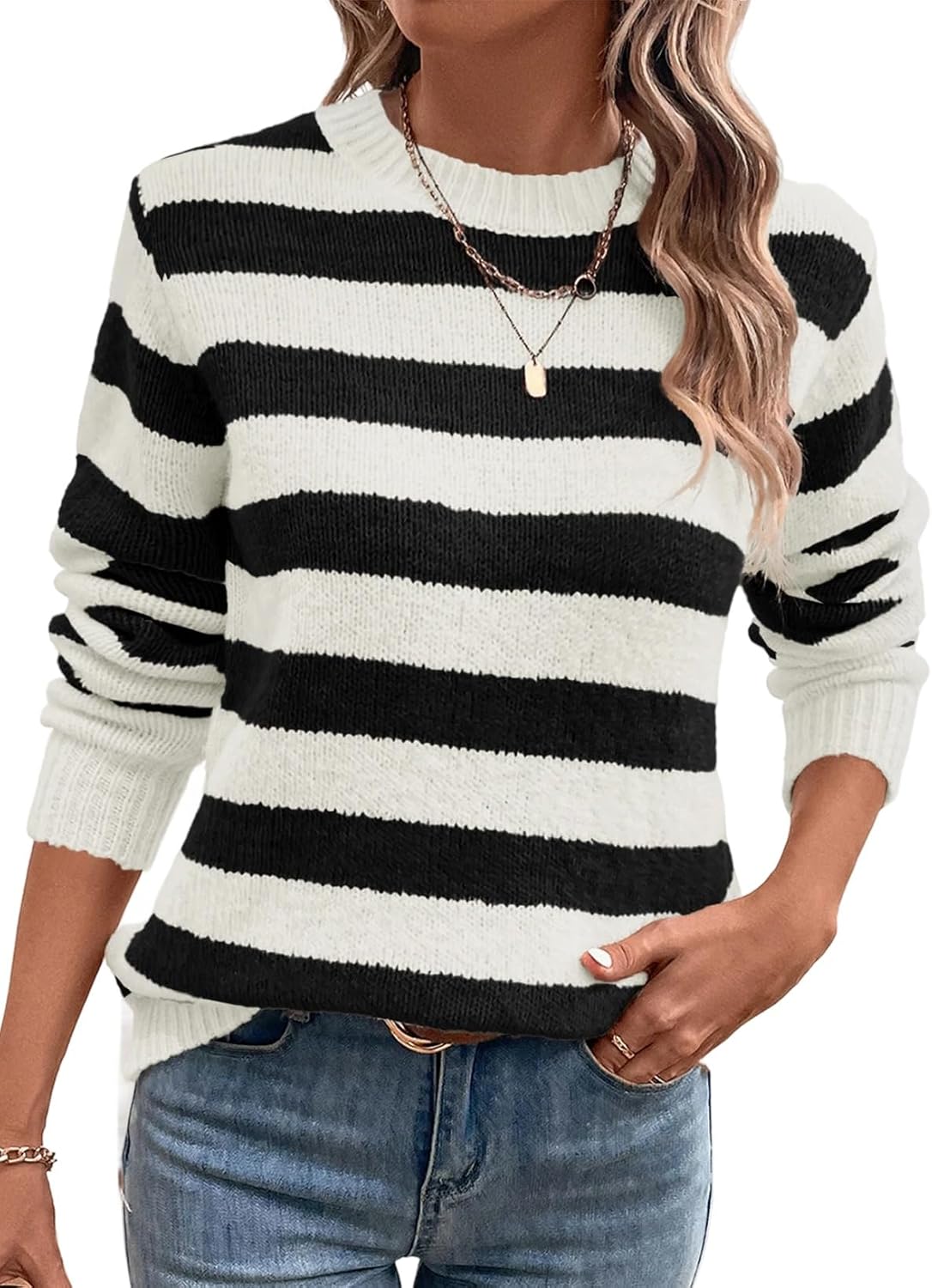 Dokotoo Sweaters for Women 2025 Crewneck Striped Australia Ubuy - Main Image