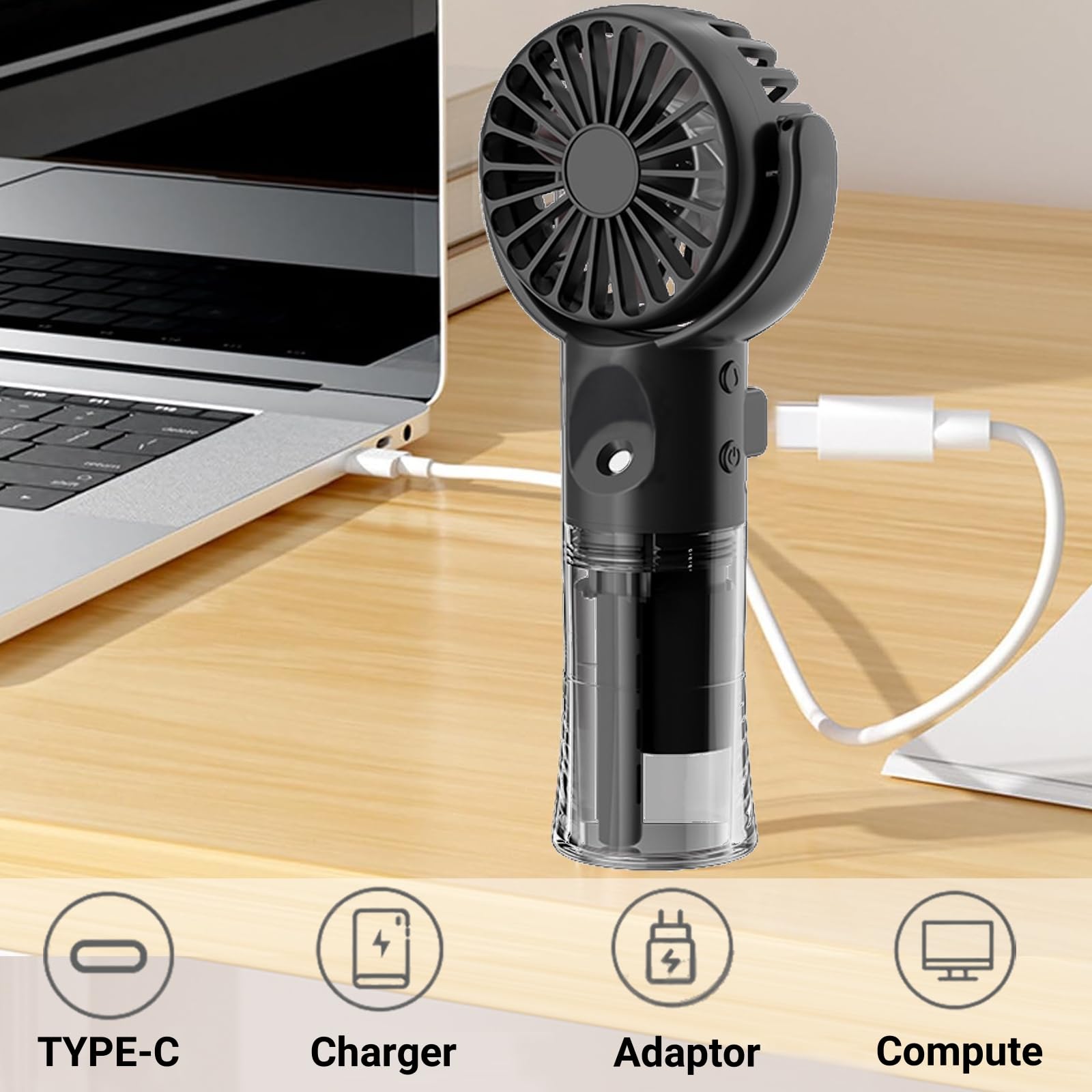 Mini Ventilatore Portatile Con Nebulizzatore D'Acqua, Ricaricabile USB, 4 Velocità E Testa Regolabile 180° – Perfetto Per Viaggio E Campeggio (Nero) - 5