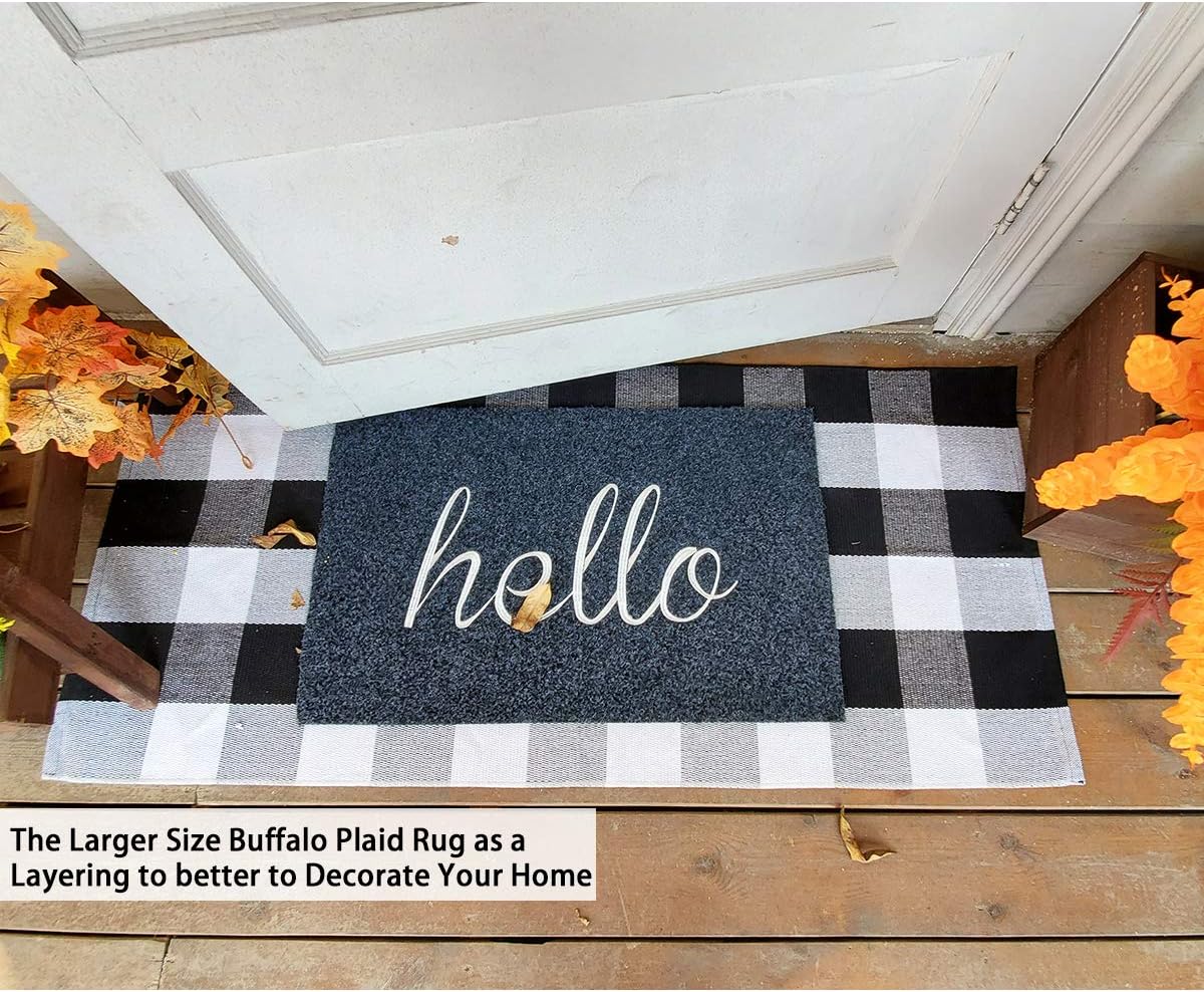 Doormat Combo Set Hello Welcome Mat Outdoor Indoor with Non Slip Rubber Backing+Buffalo Plaid Rug 24”x51” Black and White for Layered Decorative Easy Clean Front Door Mat