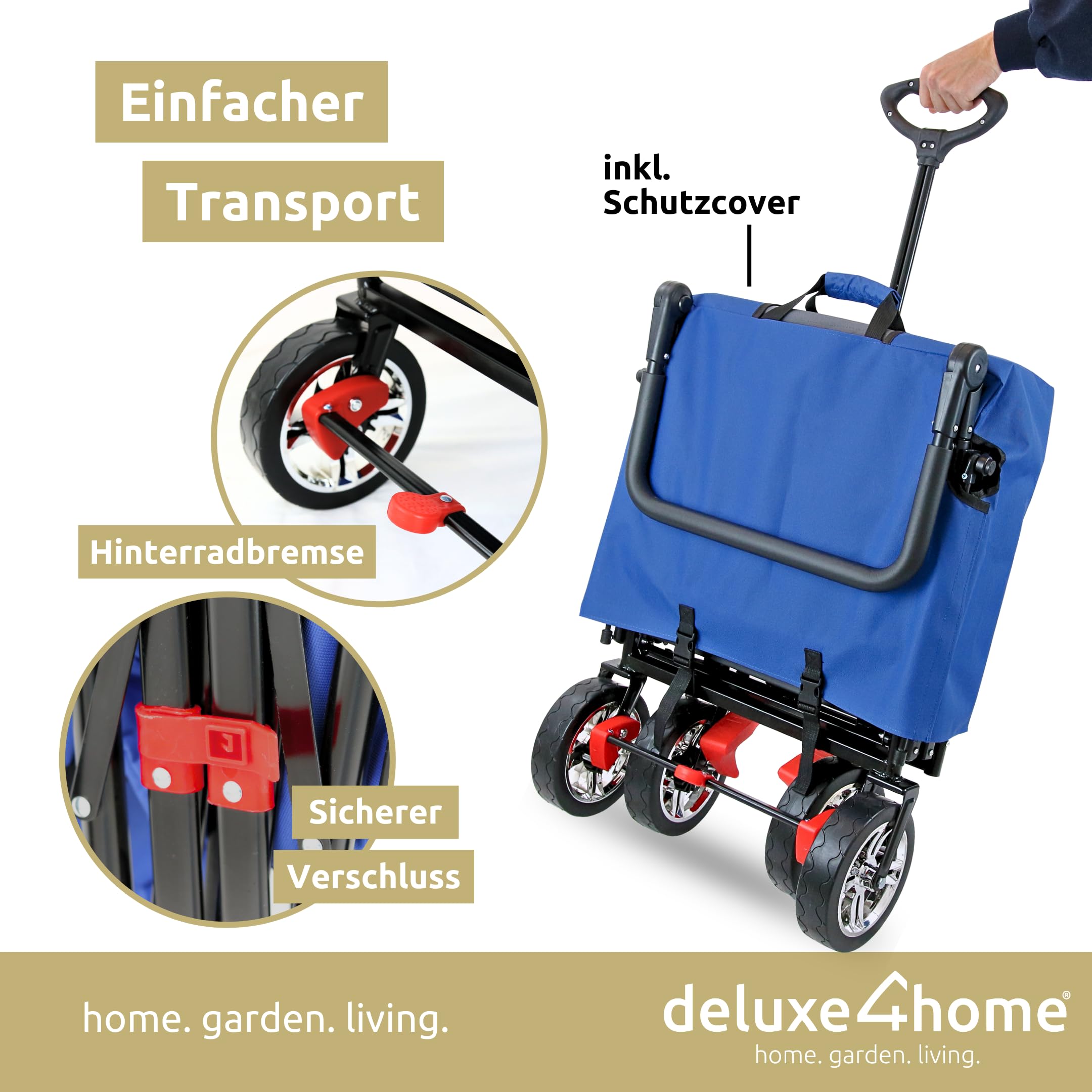 Bollerwagen mit Dach Faltbar Blau I Handwagen Transportwagen bis 80 kg I Breite Reifen Trolley Bremsen I Robuster Wagen Kinderwagen Strandwagen