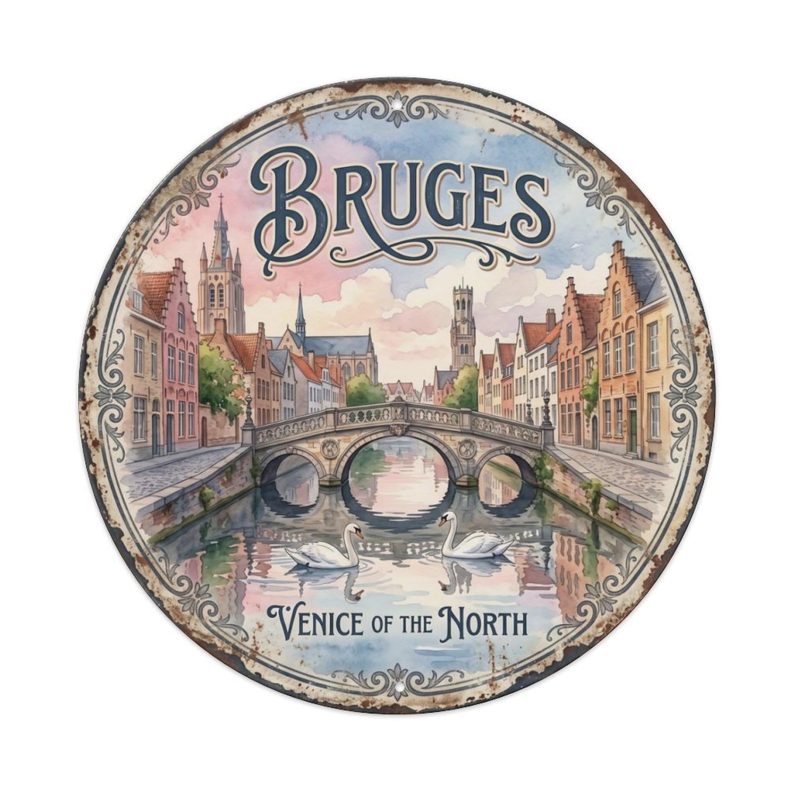 Vintage Travel Bruges Canals Medieval Metal Tin Sign Plaque Wall Decor for Cafe, Club, Garden Round Metal Poster 8x8Inch