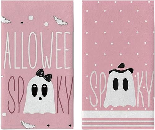 Juego de 2 toallas de cocina con diseño de fantasma rosa, de 18 x 26 pulgadas, bonitas toallas de poliéster espeluznantes para decoración de baño y