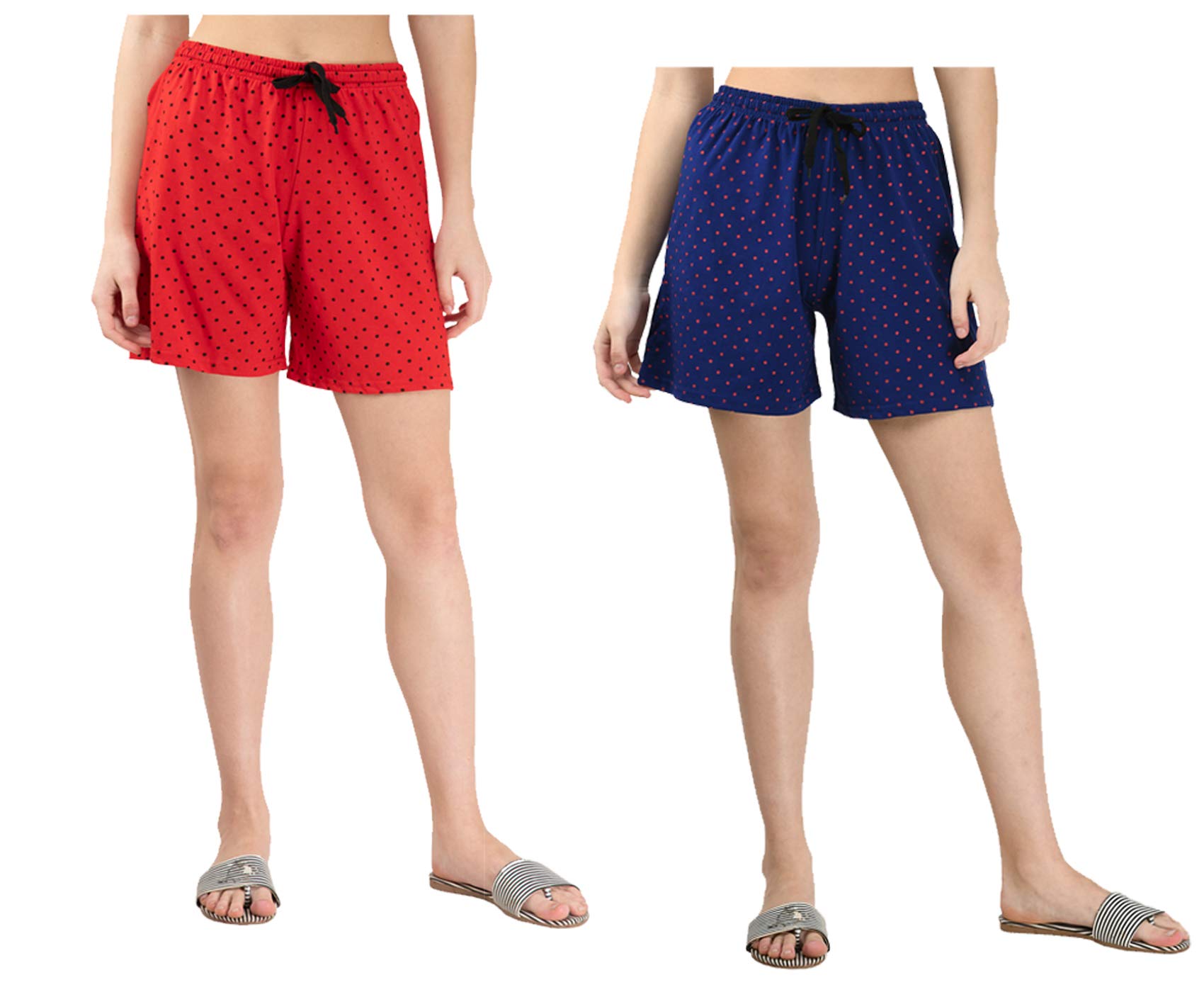 kayu Pack of 2 Women’s Polka Dot Printed Shorts with Drawstring Waist – Comfortable Casual Lounge Wear, Breathable Fabric, Stylish Summer Sleepwear Shorts for Women Blue, Red-picture-43