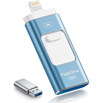 ROSPE USB Stick 128GB for iPhone MFi Certified Lightning Memory Stick 3 in 1 Flash Drive for iOS / Android / PC USB 3.0 High Speed Memory Stick iPhone External Storage Expansion Ash Blue