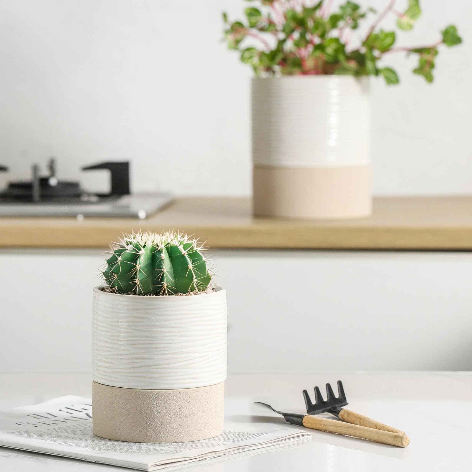 Nihow Selbstbewässernder Blumentopf für Zimmerpflanzen: 11,4 cm + 15,2 cm Keramik-Pflanzgefäß mit Ablaufloch & Wasserspeicher Plus – Zylinder-Blumentopf mit Docht für Kräuter – Weiß & Braun