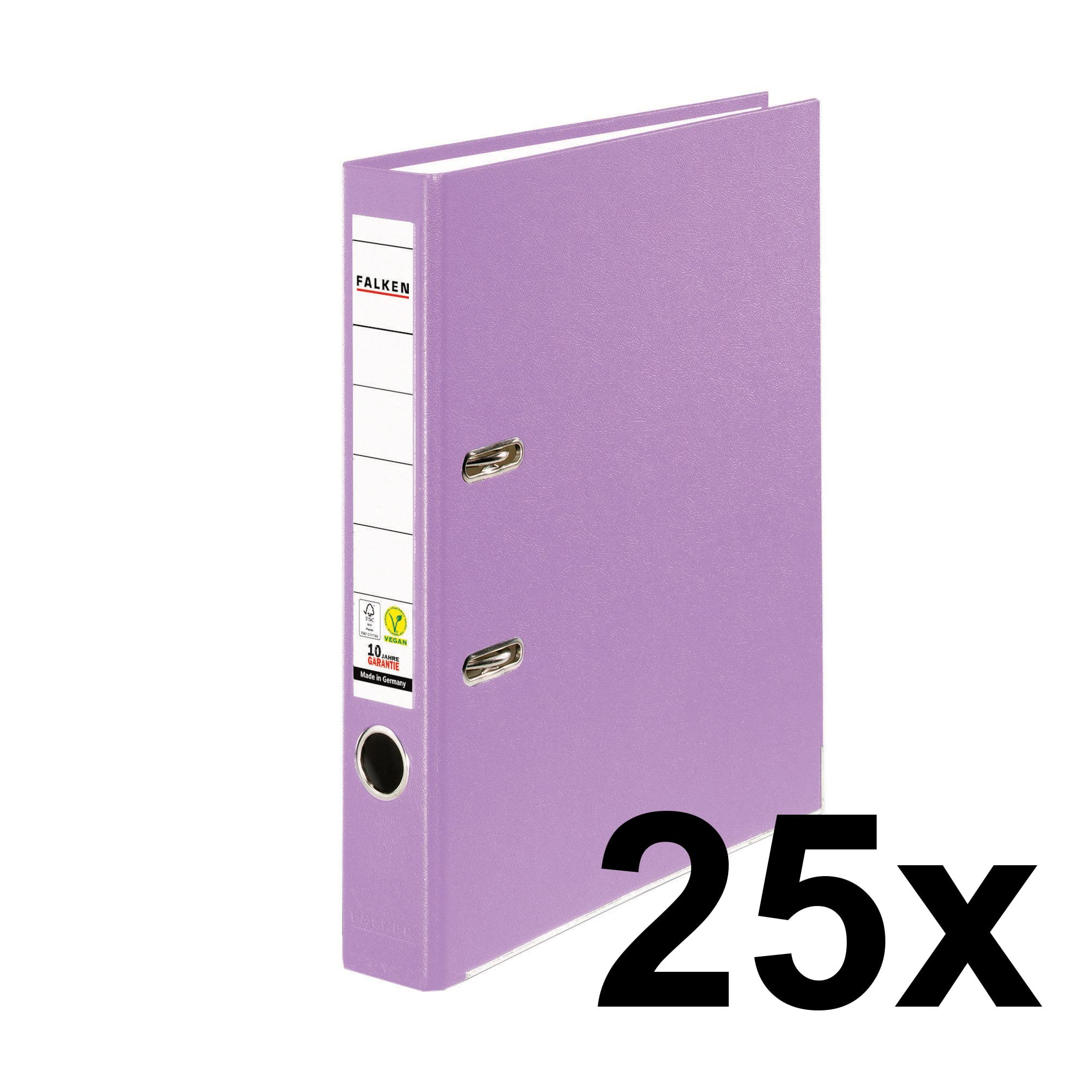 Falken Lot de 25 classeurs en plastique PP Color. Fabriqué en Allemagne. 5 cm de largeur, format A4, couleur lilas, vegan.