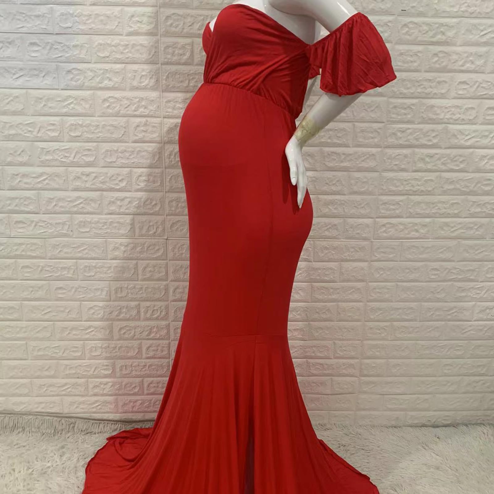 Elegante vestido de maternidad, vestido largo de algodón con dobladillo de arrastre y mangas con volantes para sesión de fotos y ropa de maternidad para invitados de boda