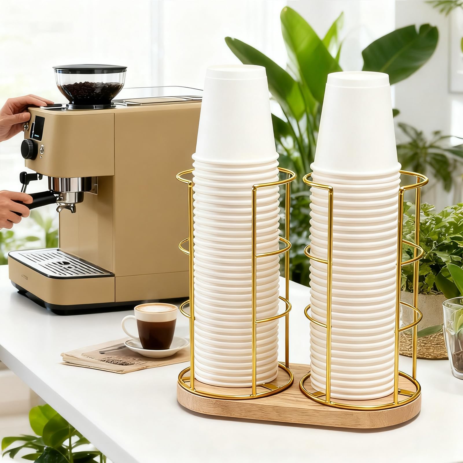 Double Compartment Cup & Lid Dispenser For 8oz Cups - Bamboo & Gold Rail Organizer For Coffee Station, Office, Cafe - View #7