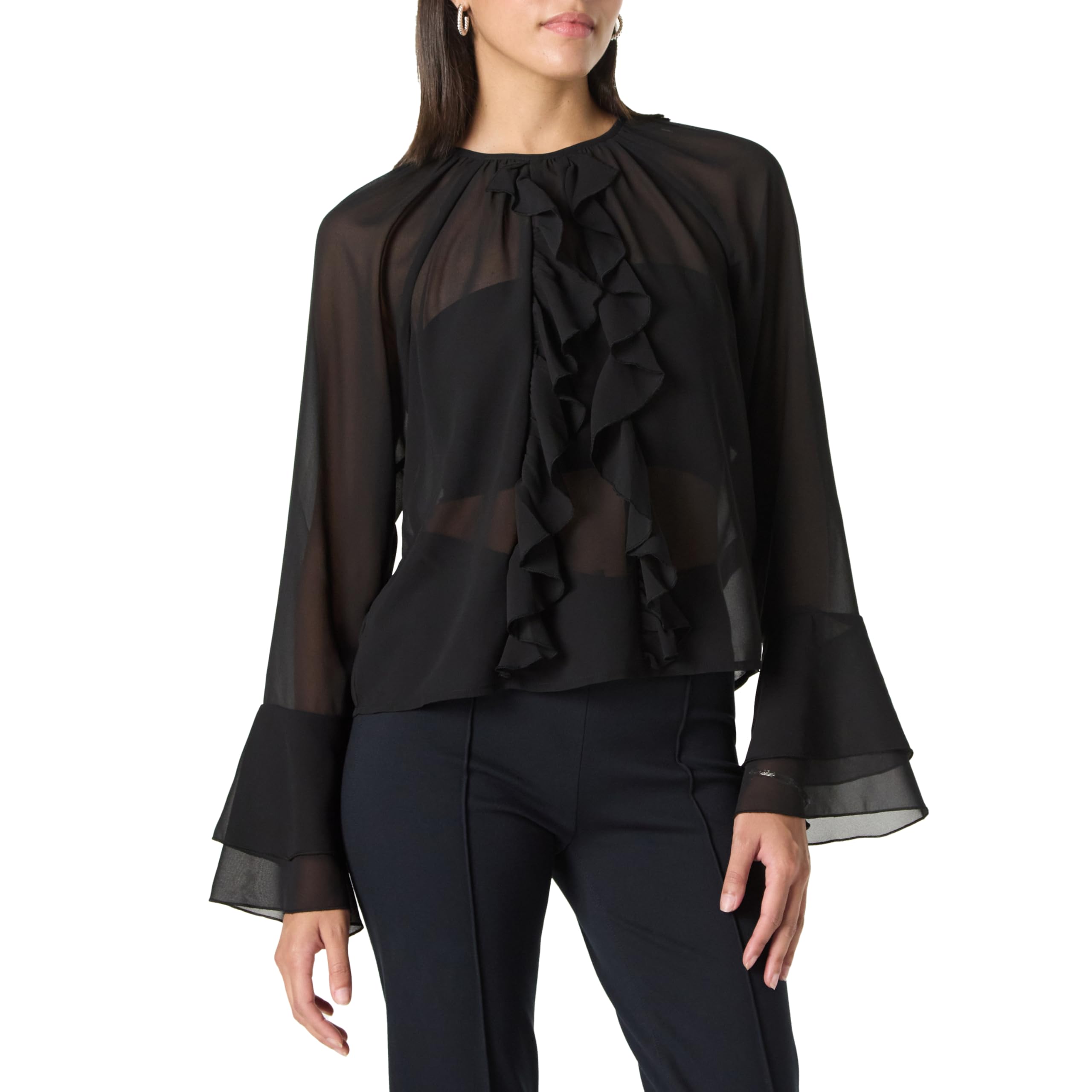 The Drop Mischa Sheer Cascading Rüschen Langarm Romantische Bluse für Damen, Schwarz, XS