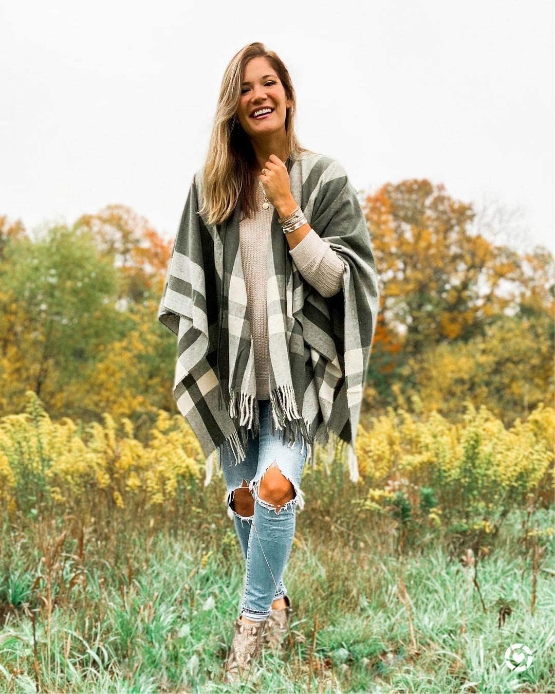 Moss Rose Women's Travel Plaid Shawl Wrap Open Front Poncho Cape for Fall Winter - Image 2