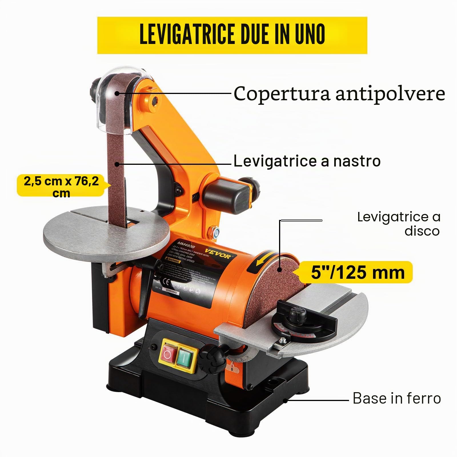 VEVOR Levigatrice a nastro e a disco 250 W 230 V 25,4 x 760 mm 2980 giri/min