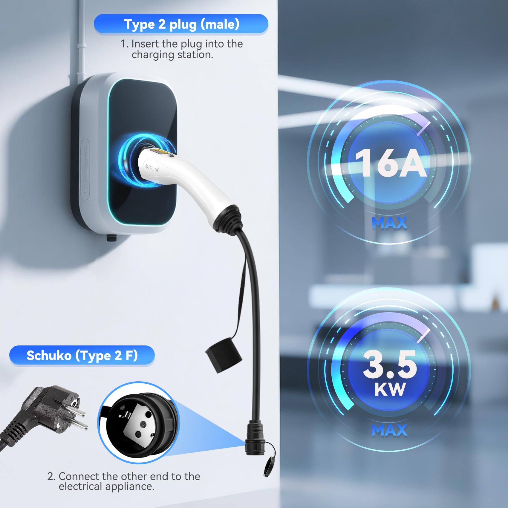 JULIK Adapter typu 2 na Schuko 16 A 230 V IEC 62196 EV kabel ładujący Wallbox