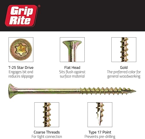 Miniatura 3 de Grip-Rite 158GCS5#8 por 1-5/8" T25 Star Drive Gold Construction Tornillo para madera, caja de 5 libras, buena opción para carpintería, marco no