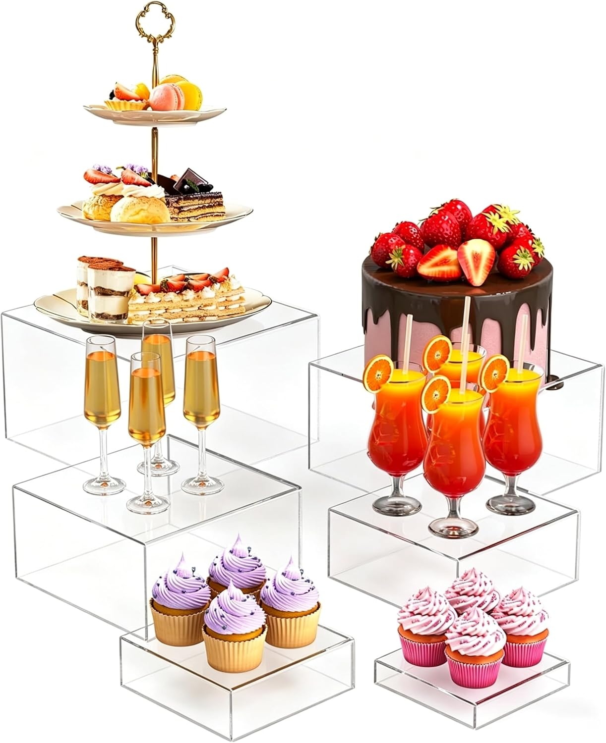 6PCS Buffet Risers, Clear Food Risers for Buffet Table, Catering Dessert Cake Stand for Party, Display Riser for Collectibles, Dessert Table Display Set, Acrylic Boxes Nesting Risers (5"x6"x7"8"x9"x10")