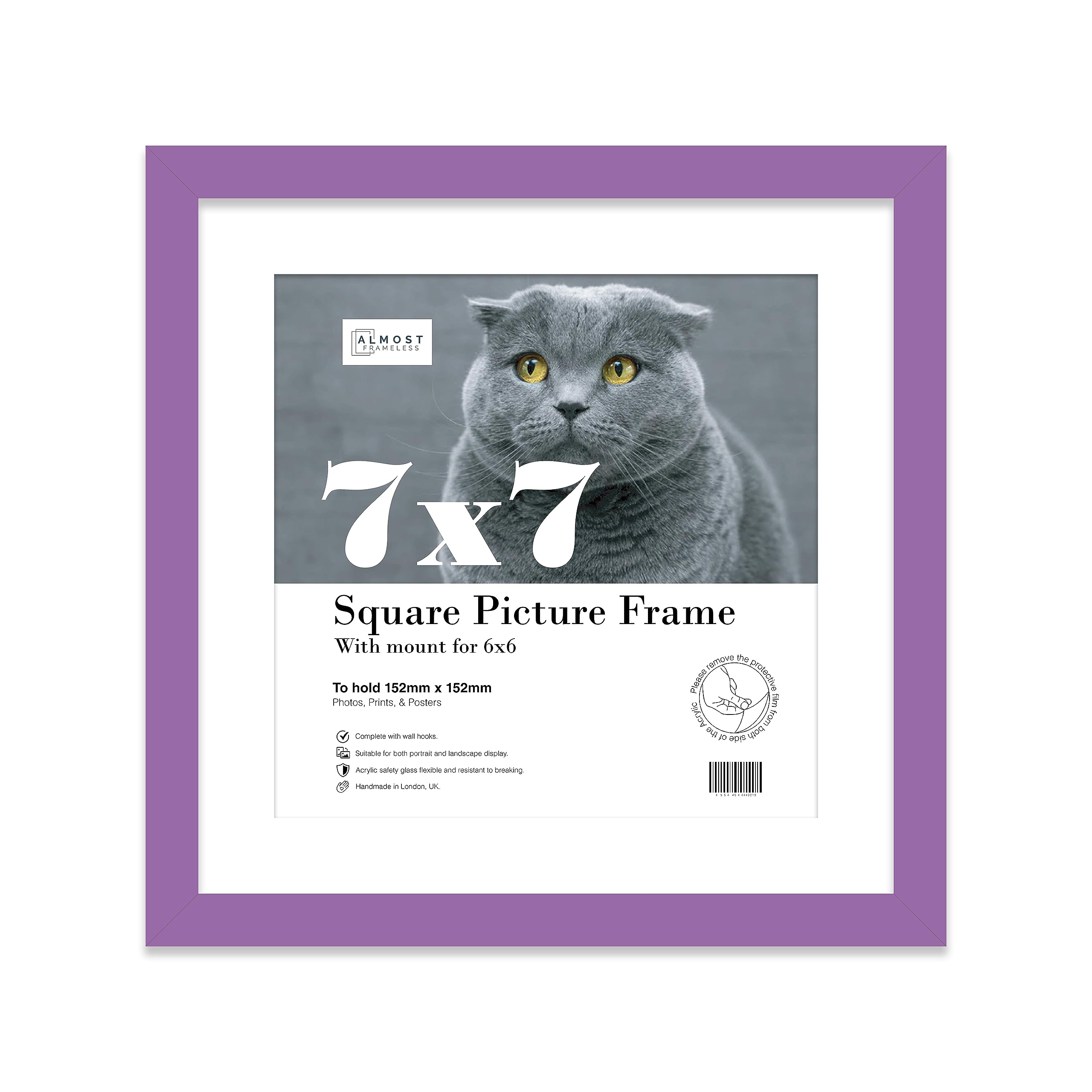 Almost Frameless 7x7 Picture Frame, Display Pictures 6x6 With Mat or 7x7 Without Mat, Wall Hanging & Free Standing Photo Frame, Purple, 1 Pack