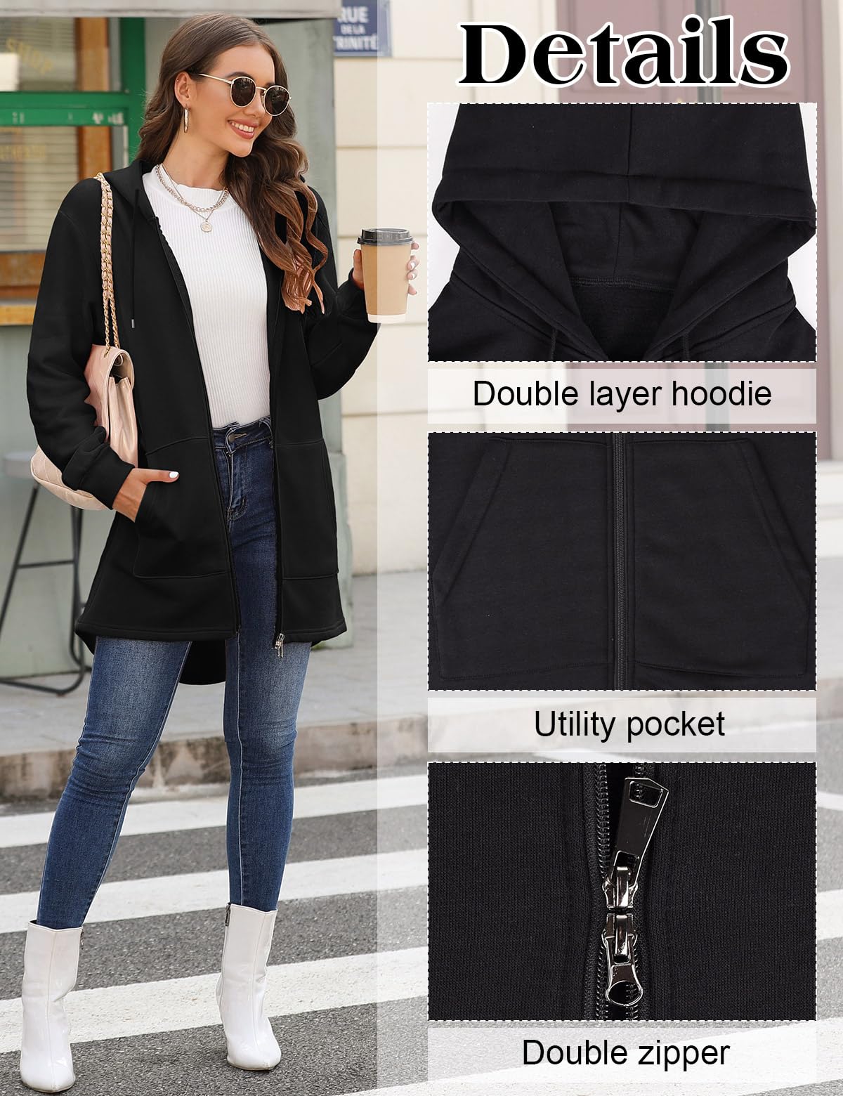 Tuopuda Sweatjacke Damen Lange Übergangsjacke Hoodie Jacke Oversize Reißverschluss Winterjacke Langarm Mantel Winter Warm Kapuzenpullover Sweatshirt mit Kapuze Kapuzenjacke mit Taschen Kapuzenpulli