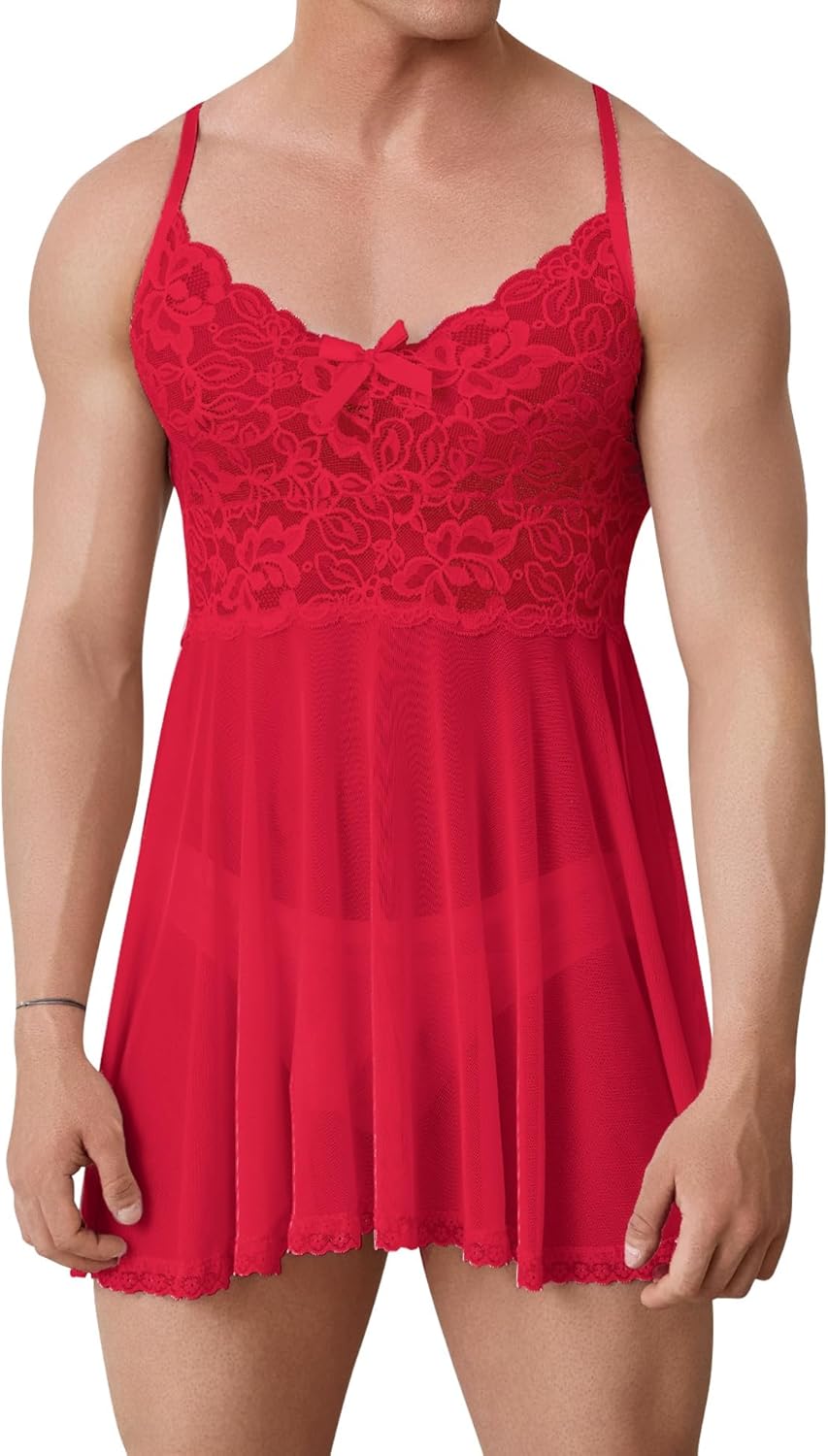 ABAFIP Men's Sissy Lingerie Crossdressing Nightwear Sheer Lace Mesh Nightdress Ruffle V-Neck Nightgown - Image 3