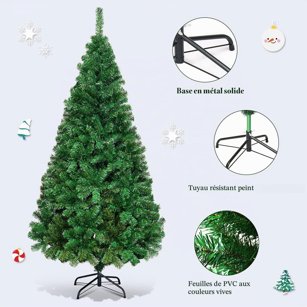 LIFEZEAL Sapin de Noël Artificiel en PVC, Arbre de Noël Artificiel Festif avec Branches Denses, Décoration de Noël avec Support en Acier, Christmas Tree (180 cm)