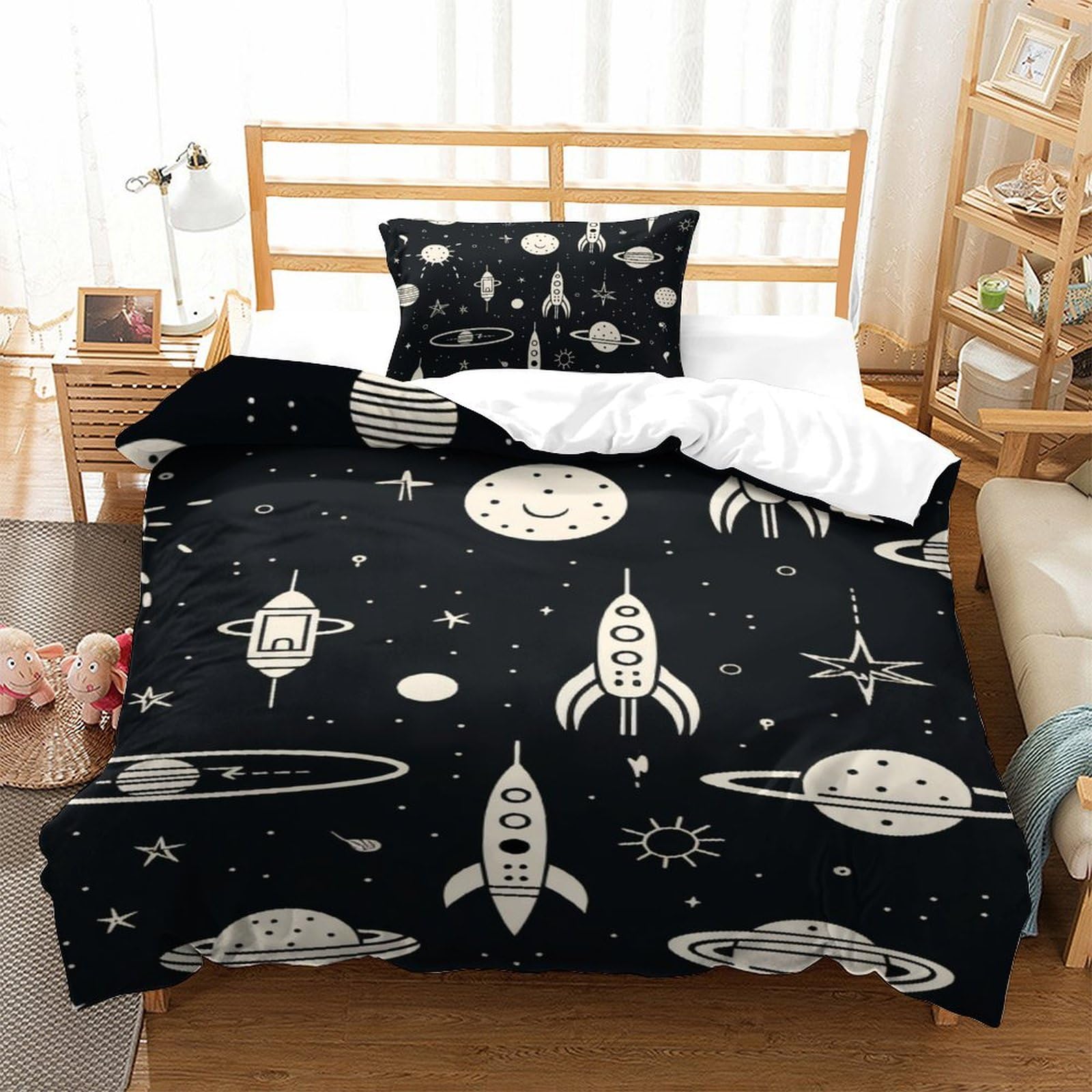 Ensemble de literie espace 3D avec housse de couette single 135x200cm et sa taie d'oreiller