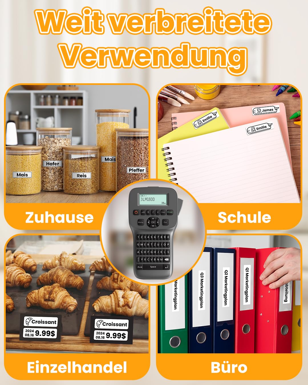 Vixic Tragbares Beschriftungsgerät mit wiederaufladbarem Akku und Bluetooth, LM1600 Etikettiergerät mit QWERTY Tastatur, einfache Textbearbeitung für D1 Etiketten in 12mm Breite
