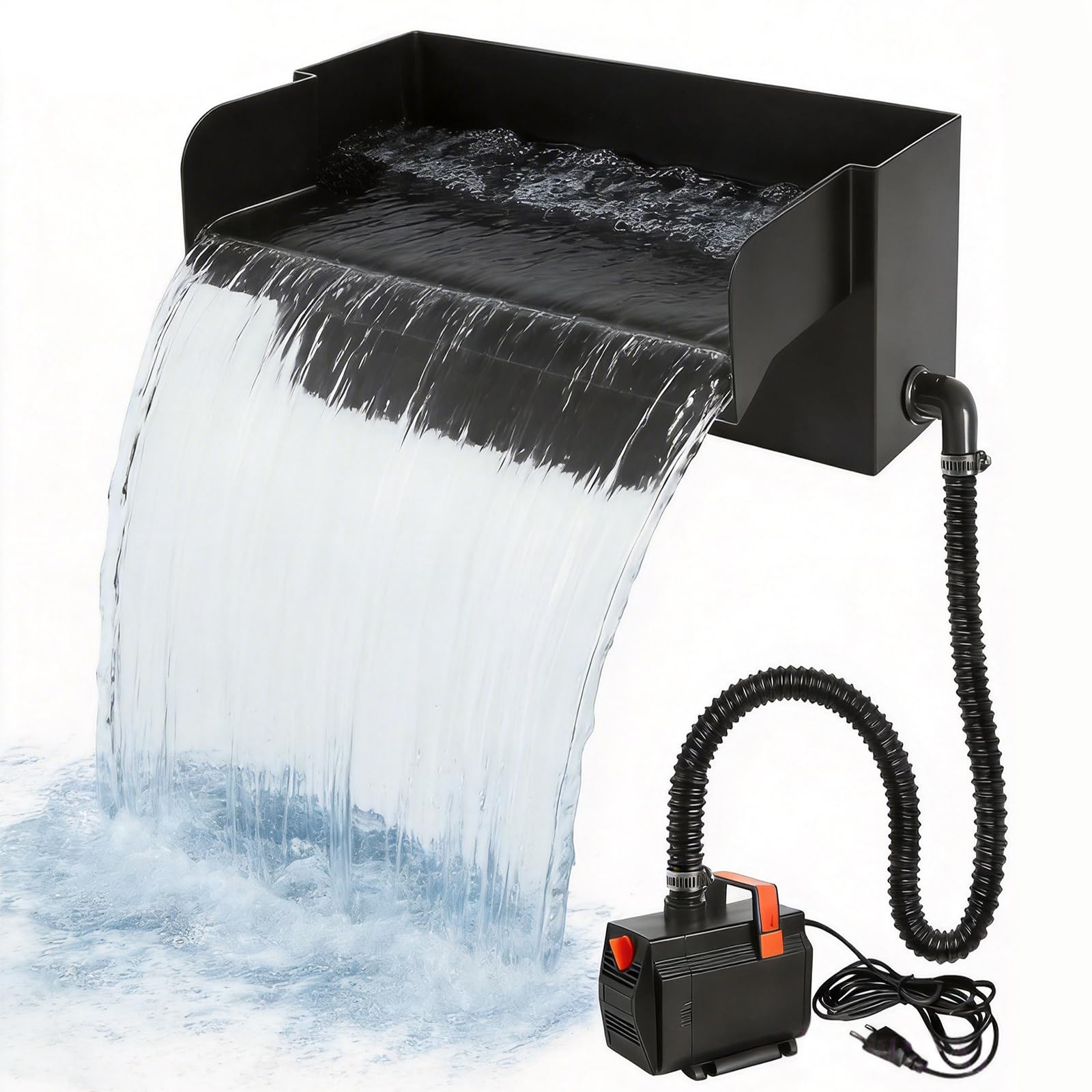 Cascata per laghetto, 20 cm, 2000 l/h, in acciaio inox 304 | Con tubo ondulato 3M e spugna filtrante, cascata per laghetto da giardino, set completo