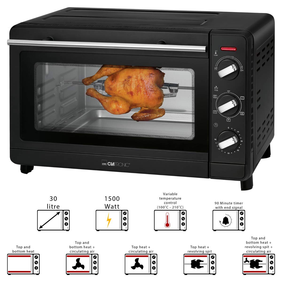 Clatronic Multi-Four MBG 3728, 30 litres d'espace de cuisson, convection + chaleur supérieure et inférieure, minuteur de 90 minutes avec signal de fin, noir