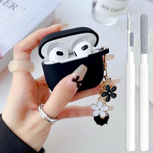Linda funda negra para Airpods de 3 generación para niñas y mujeres, con llavero de flores y kit de limpieza, funda protectora de silicona suave