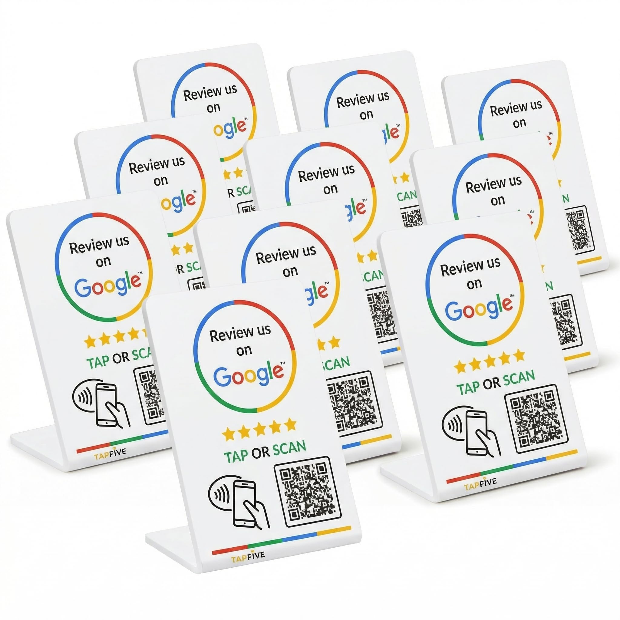 Google Review Stand by TapFive – NFC Tap &amp; QR Code Sign for Restaurants, Salons, Retail &amp; Front Desks | QR Code Stand - Tap to Review | No Monthly Fees (White, 10 Stands)