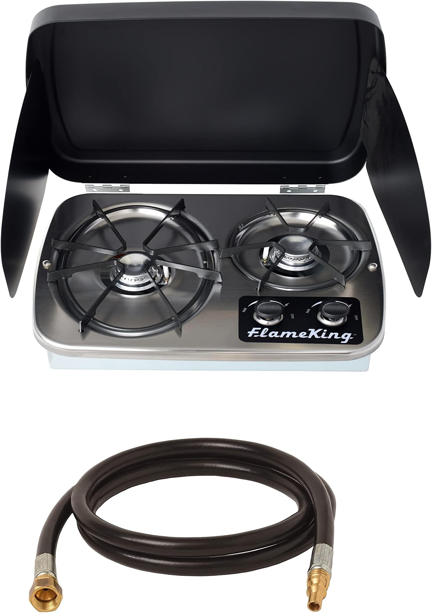 Flame King Bundle YSNHT600 2-Burner Built-In RV Cooktop Stove, Propane, 7200 and 5200 BTU Burners & 48-inch Quick Connect Hose for RV, Travel Trailer, or Camper