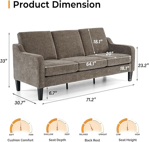 Miniatura 2 de VINGLI Sofás para sala de estar, sofá pequeño marrón de 71 pulgadas, sofás modernos de mediados de siglo, 3 plazas, cómodo sofá tapizado de felpilla
