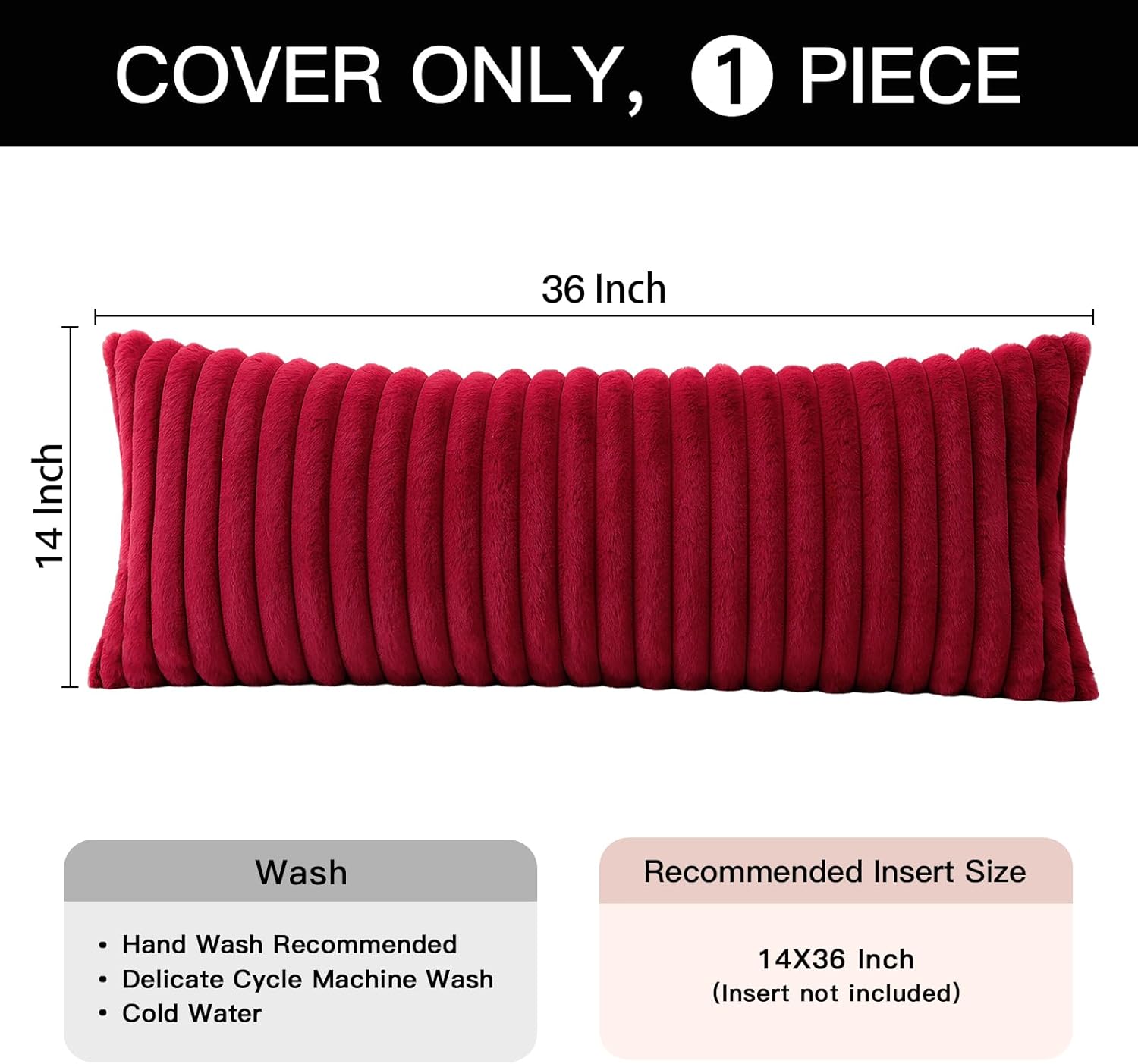 OTOSTAR Burgundy Lumbar Decorative Pillow Cover 14x36 Inch Boho Faux Rabbit Fur Long Body Throw Pillow for Bed Sofa Couch Soft Plush Striped Pillow Case Velvet Farmhouse Cushion Cover